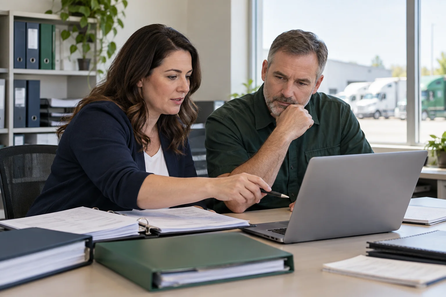 Fleet records being reviewed together at a laptop