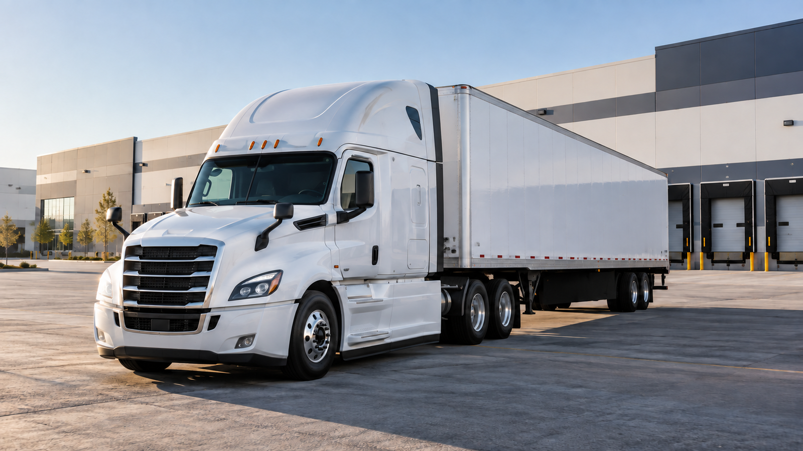 White commercial truck at a logistics yard