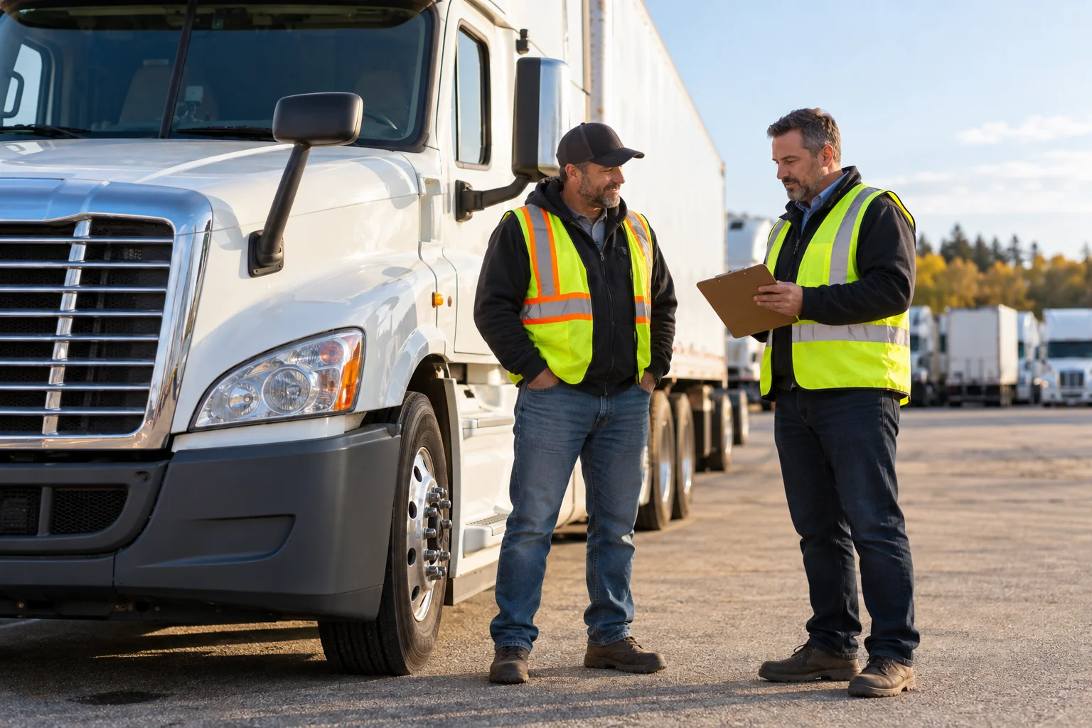 Consultant and driver reviewing a parked commercial vehicle